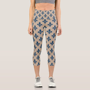 Leggings Capri Motif Fleur de Lis, Bleu Royal Français sur Crème