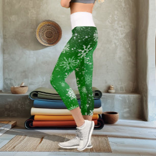 Leggings Capri Motif Flocons de Neige Verts Fête d'Hiver