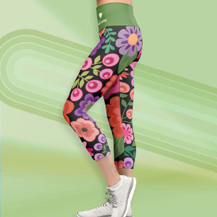 Leggings Capri Motif floral noir tendance avec Monogramme personn