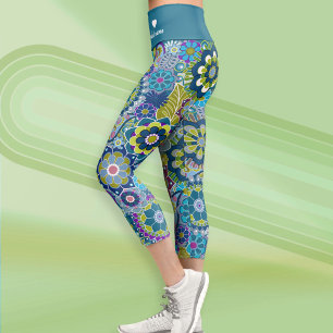 Leggings Capri Motif floral rétro funky avec nom - bleu turquoise