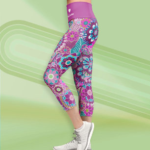 Leggings Capri Motif floral rétro funky avec nom - bleu violet