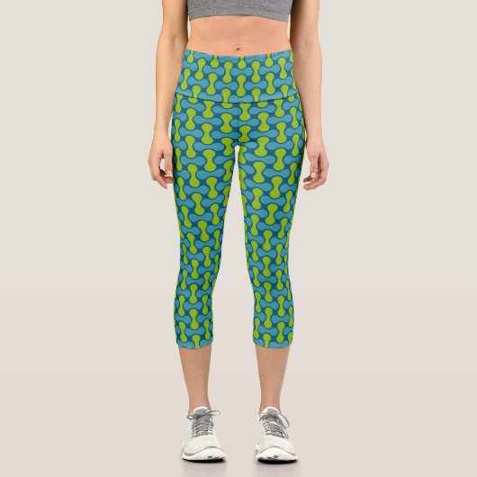 Leggings Capri Motif géométrique Abstrait rétro en bleu et vert (Recto)