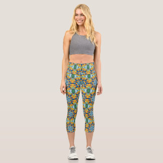 Leggings Capri Motif géométrique fractal bleu et jaune