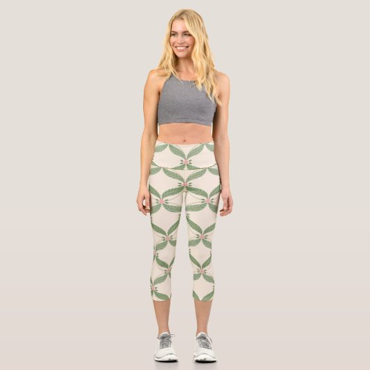 Leggings Capri Motif Grille Fleurs Feuilles simples (Recto)