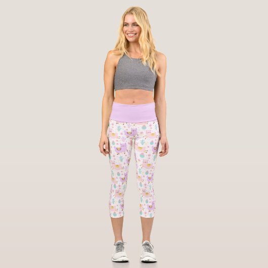 Leggings Capri Motif Llama Alpaca rose Et Violet (Recto)