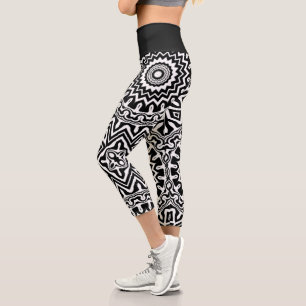 Leggings Capri Motif Mandala Abstrait noir et blanc