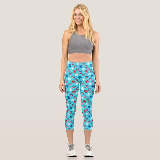 Leggings Capri Motif Patriotique Rouge Blanc et Bleu Chien Paws (Recto)