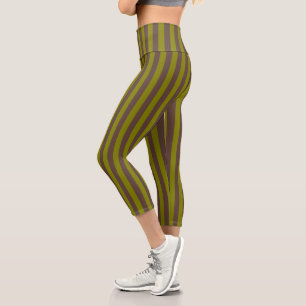 Leggings Capri Motif rayé en chocolat brun et vert olive