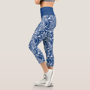 Leggings Capri Motif Répétant de feuille tropicale blanche et ble