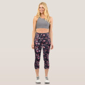 Leggings Capri Motif Rose D'Été En Noir (Recto)