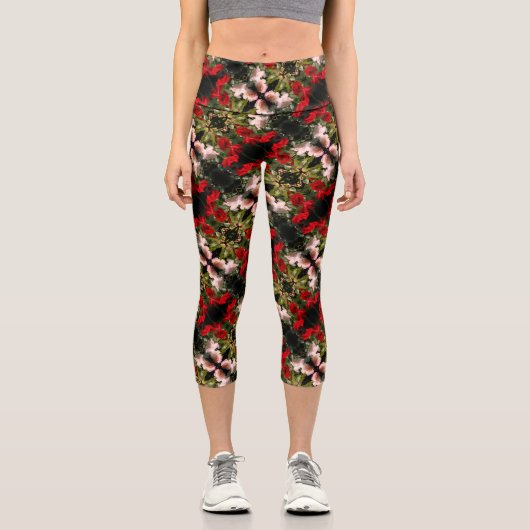 Leggings Capri Motif Rose Rouge Et Blanc (Recto)