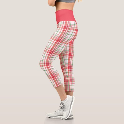 Leggings Capri Motif rouge vert plaid sur blanc (Gauche)