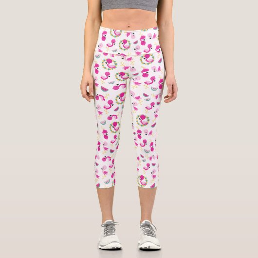 Leggings Capri Motif tropical, Flamants roses, pastèques, Fleurs (Recto)