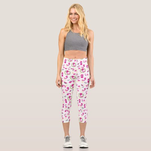Leggings Capri Motif tropical, Flamants roses, pastèques, Fleurs (Recto)