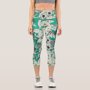 Leggings Capri Motif vert Turquoise blanc de fleurs graphiques