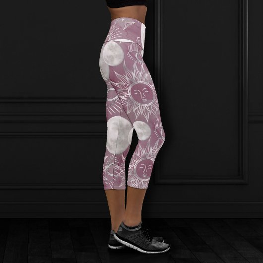 Leggings Capri Mystique solaire | Rose Argent Lune Étoiles Soleil