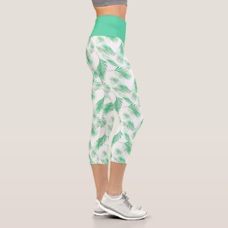 Leggings Capri Neo Mint Tropical Palm Feuille Motif