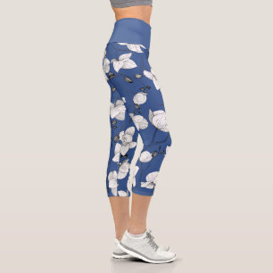 Leggings Capri Noir & blanc élégant orchidée floral moderne bleu