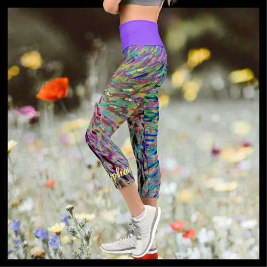 Leggings Capri Nom bleu jaune Abstrait rétro