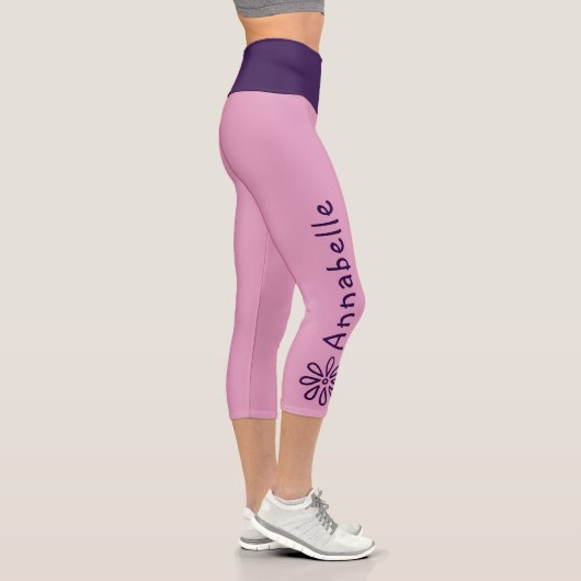 Leggings Capri Nom Personnalisé - Doodle Fleur Violet - Rose Soli (Droite)