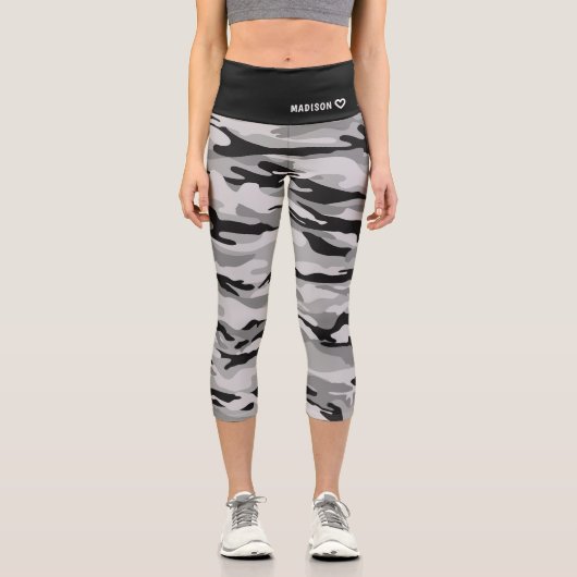 Leggings Capri Nom personnalisé Motif de camouflage noir (Recto)
