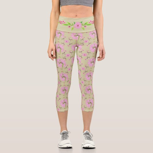 Leggings Capri Nostalgique rose et vert FloralCapris haut taille (Recto)