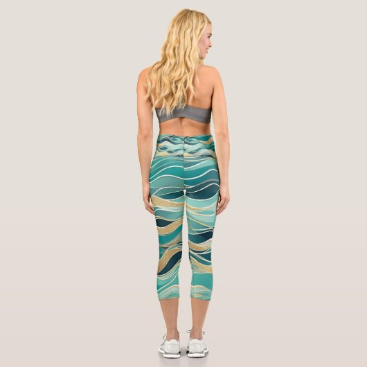 Leggings Capri Océan Abstrait moderne Turquoise Nautique Vague ma (Verso)