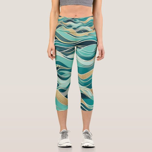 Leggings Capri Océan Abstrait moderne Turquoise Nautique Vague ma (Recto)
