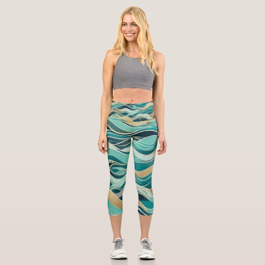 Leggings Capri Océan Abstrait moderne Turquoise Nautique Vague ma (Recto)