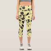 Leggings Capri Oiseaux en fleurs de cerises Noir sur Pla jaune ci (Recto)