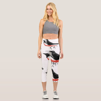 Leggings Capri Oiseaux Venteux Noirs et Rouges