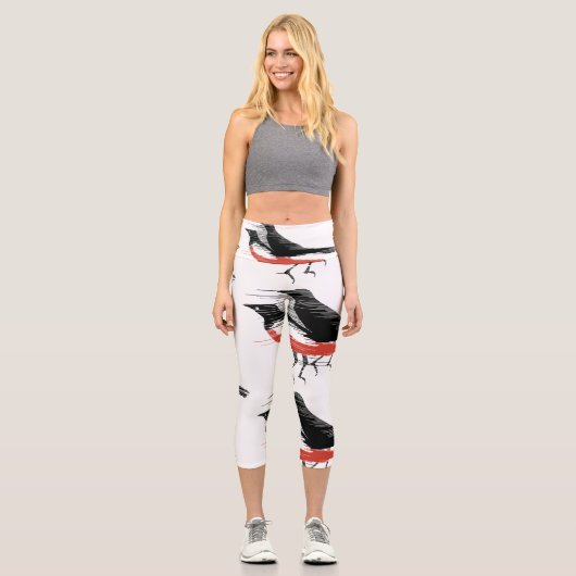 Leggings Capri Oiseaux Venteux Noirs et Rouges (Recto)