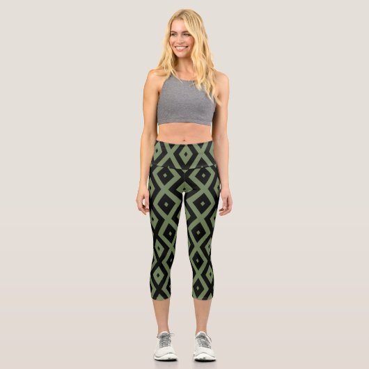 Leggings Capri Olive green and black diamond pattern (Recto)