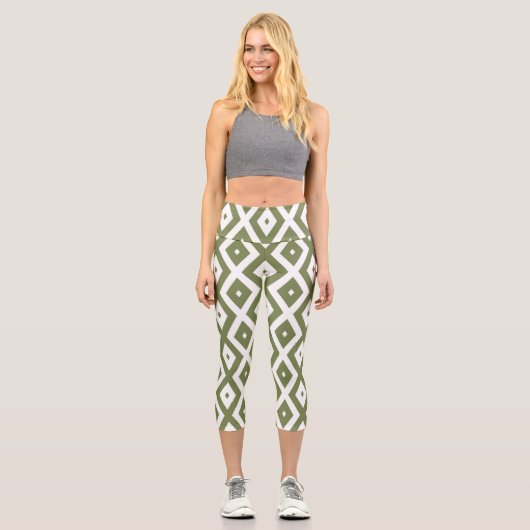 Leggings Capri Olive green and white diamond pattern (Recto)