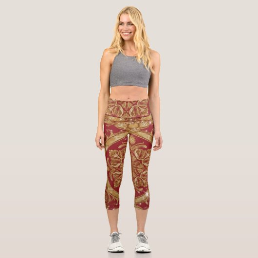 Leggings Capri Opulent Golden Red Ornate: Studio & Gym Regal Acti (Recto)