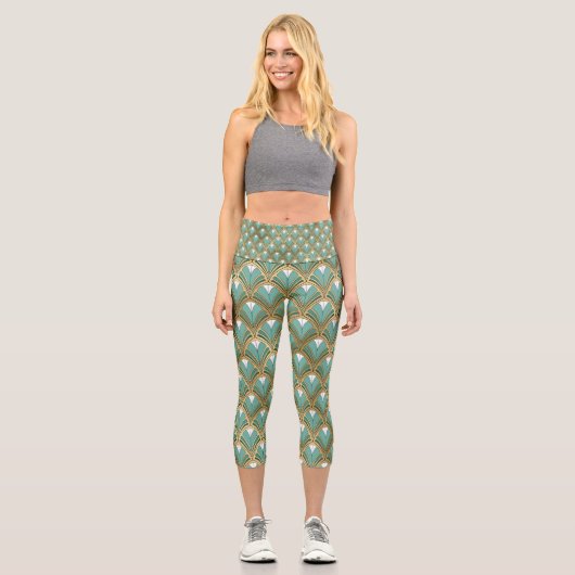 Leggings Capri Or et Aqua Art Déco Géométrique (Recto)