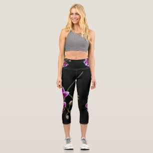 Leggings Capri Orchidée rose blanc couleur sur noir pâle doux