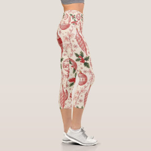 Leggings Capri Ornements de Noël en toile rouge chinoiserie