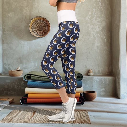 Leggings Capri Owl Moon Blue Cute Stars