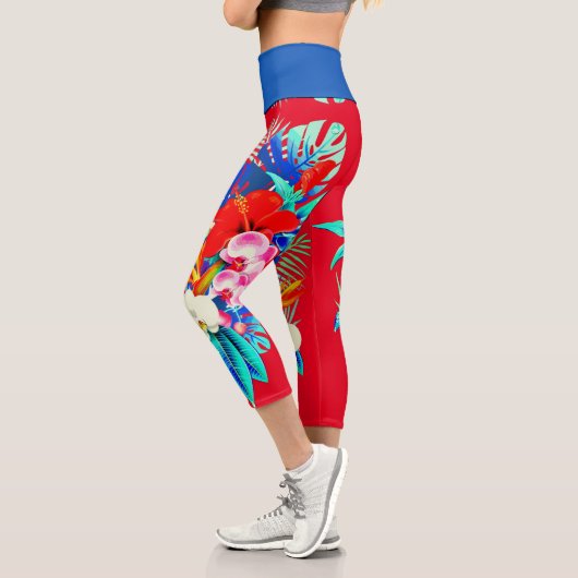 Leggings Capri Palmier d'orchidée tropicale feuille rouge floral  (Gauche)