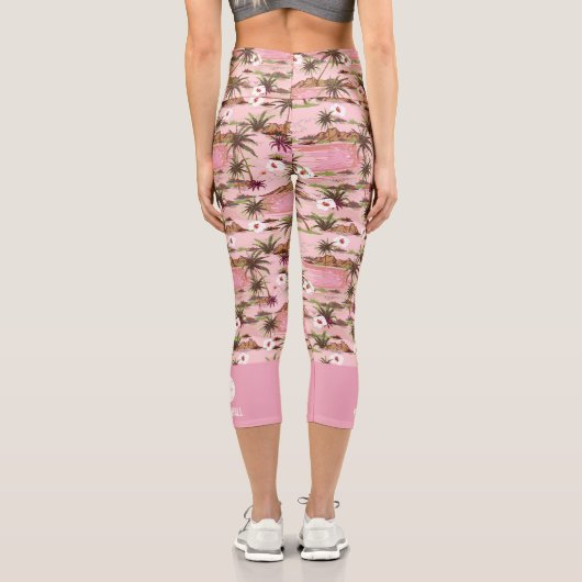 Leggings Capri Palmiers Tropicaux Rose Texte Personnalisé Pickleb (Verso)