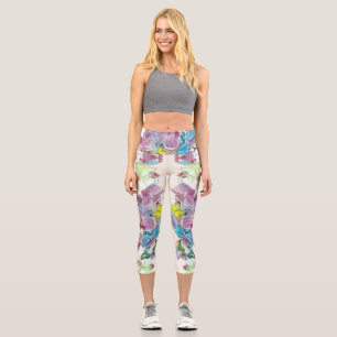 Leggings Capri Papillons aux fleurs d'orchidées roses aquarelle