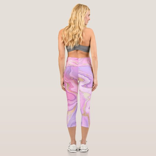 Leggings Capri Parties scintillant en marbre rose violet or (Verso)