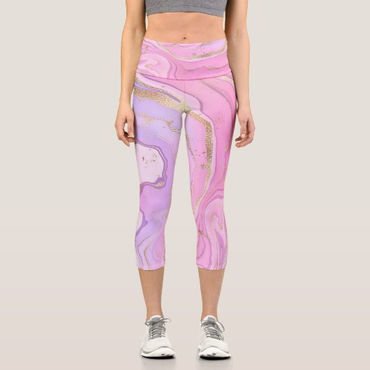 Leggings Capri Parties scintillant en marbre rose violet or (Recto)