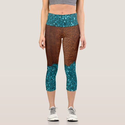 Leggings Capri Parties scintillant étincelle bleu d'Aqua bois bru (Recto)
