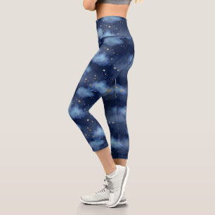 Leggings Capri Parties scintillant Gold Stars Dark Blue Sky Motif