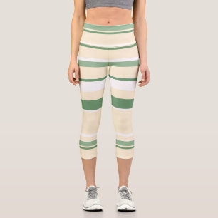 Leggings Capri Pastel Beige Olive Vert Blanc Lignes Grandes