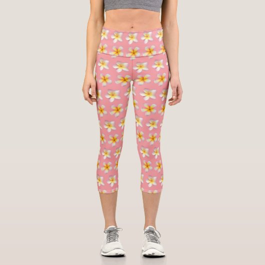 Leggings Capri Pastel Frangipani Plumeria Fleurs sur rose (Recto)