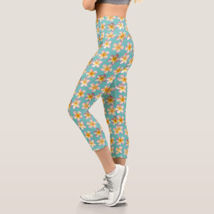 Leggings Capri Pastel Frangipani Plumeria Fleurs sur Turquoise