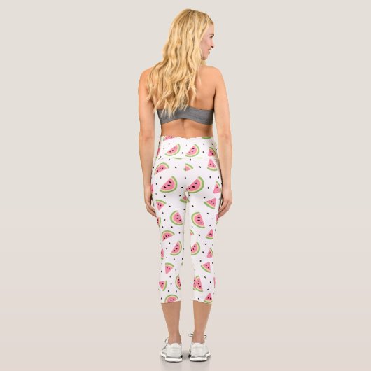 Leggings Capri Pastèque rose, Graines de pastèque, Motif d'été (Verso)